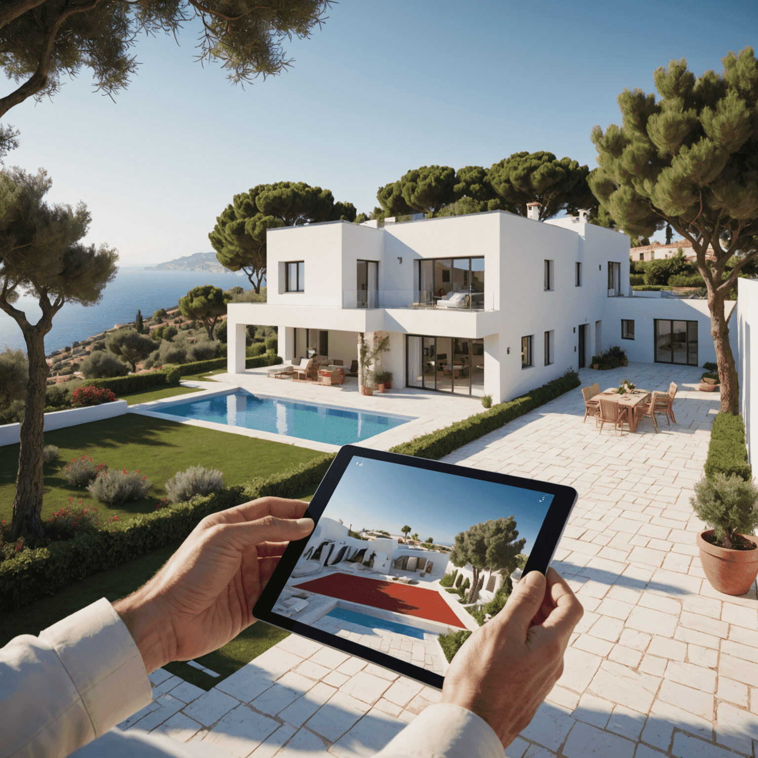 Diseñador trabajando en un proyecto de casa mediterránea con vistas al mar, utilizando una tableta digital para mostrar renders 3D de una villa blanca con tejas rojas y un patio con olivos