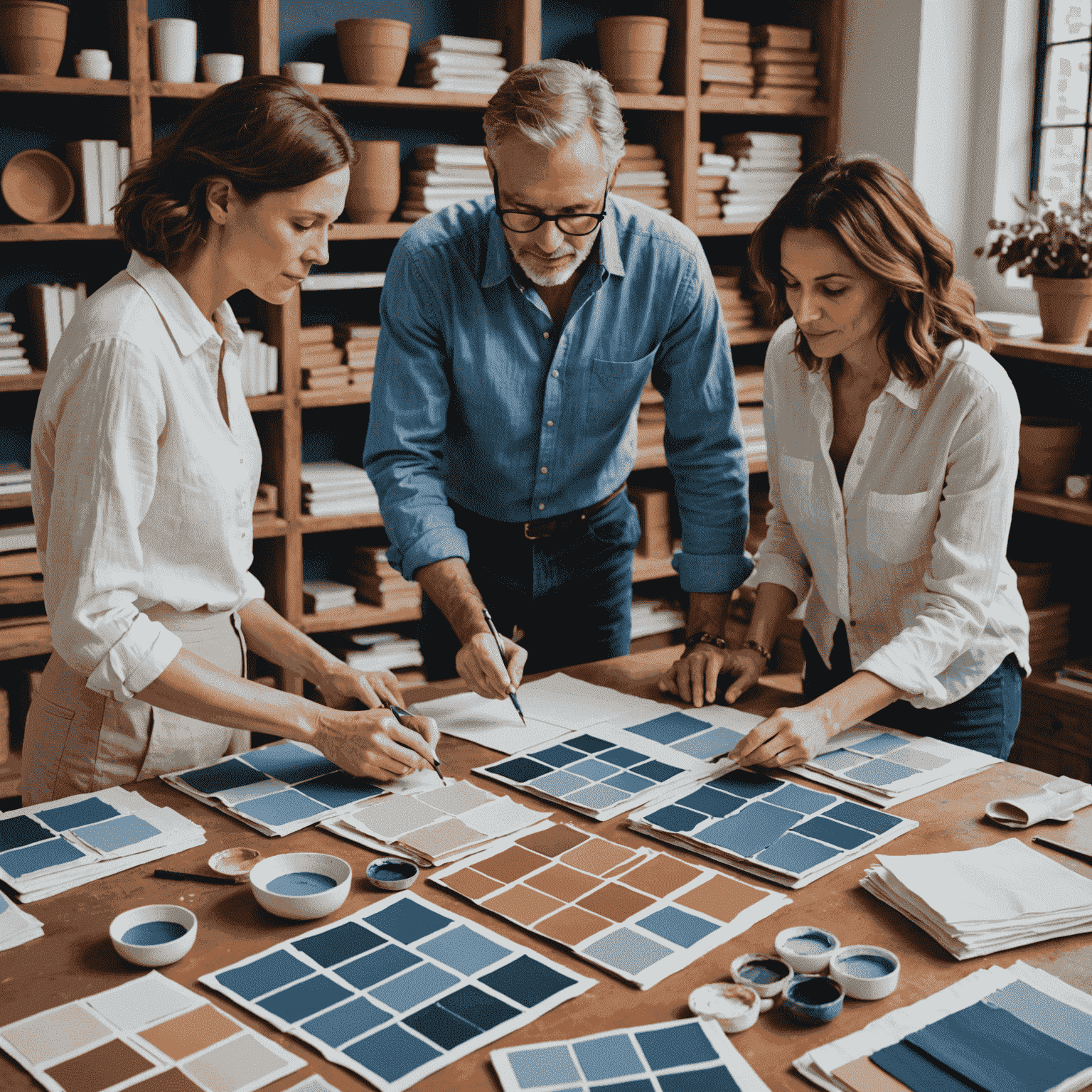 Equipo de diseñadores discutiendo sobre planos y muestras de materiales mediterráneos como azulejos de terracota, telas de lino y muestras de pintura en tonos de azul y blanco
