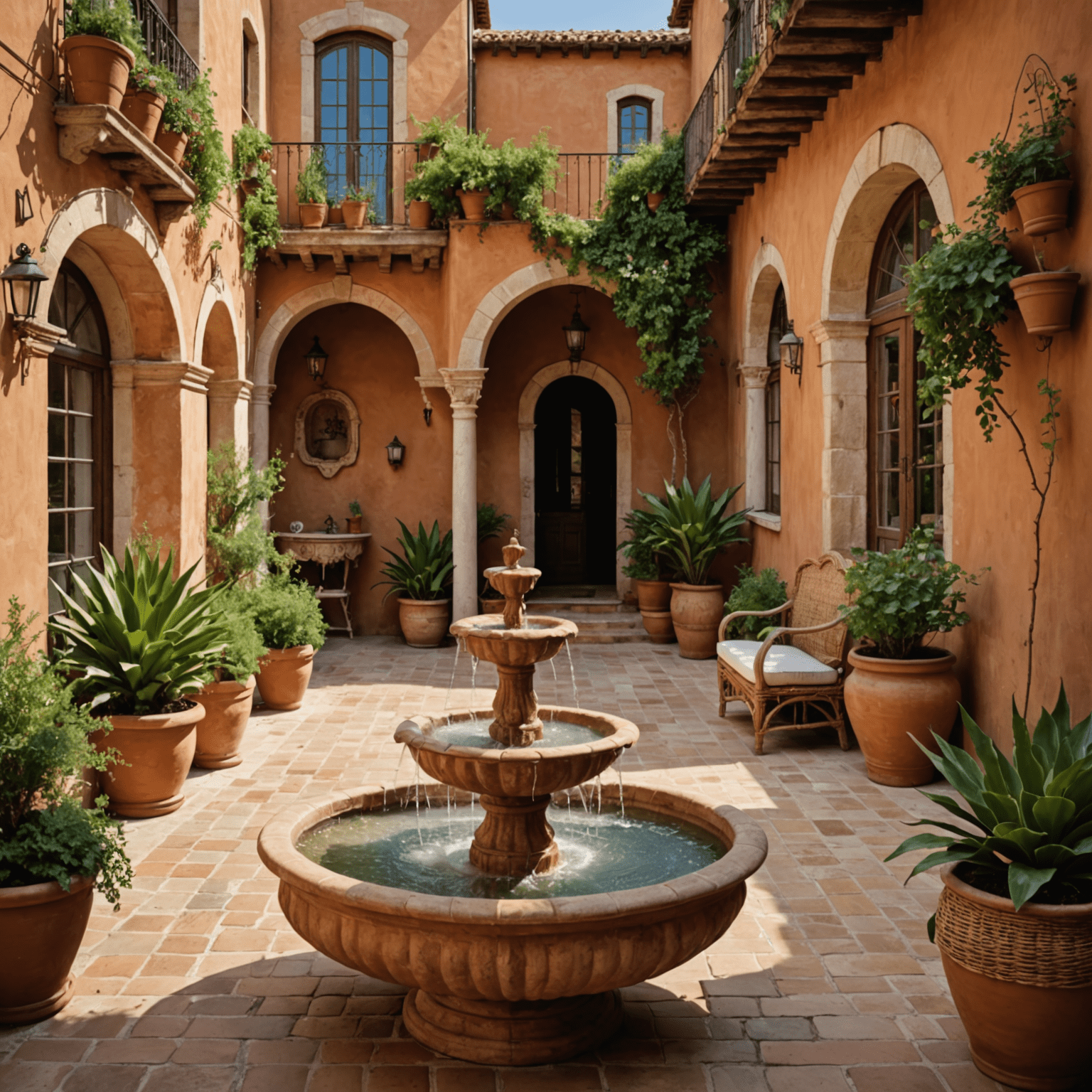Imagen de un patio mediterráneo con fuente de agua, plantas en macetas de terracota y muebles de mimbre