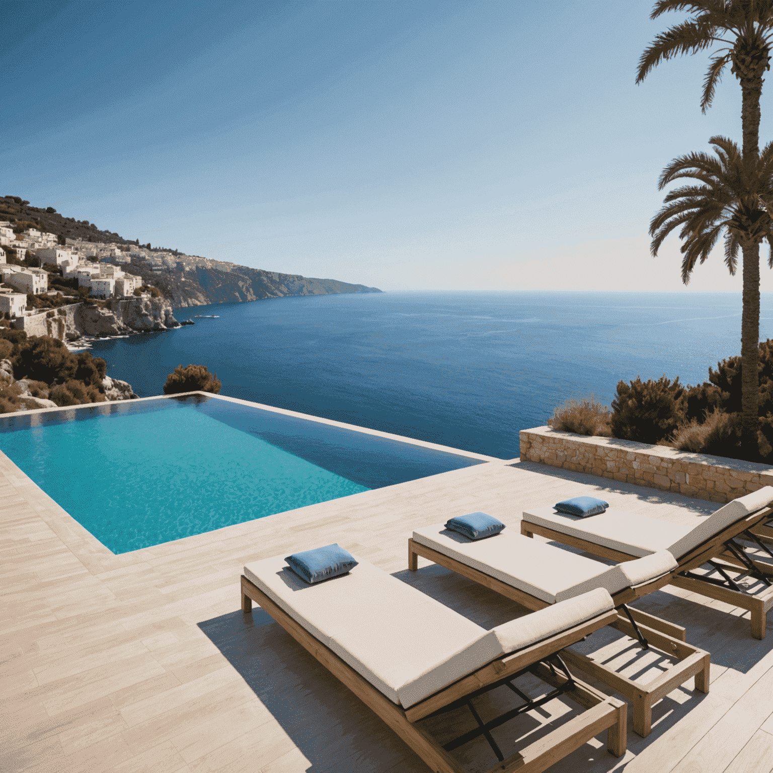 Piscina de borde infinito con vistas al mar Mediterráneo y tumbonas de madera